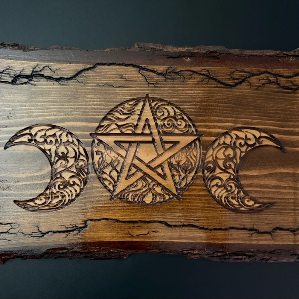 Electrocuted Live Edge Art with Triple Moon Pentagram. One of a kind.